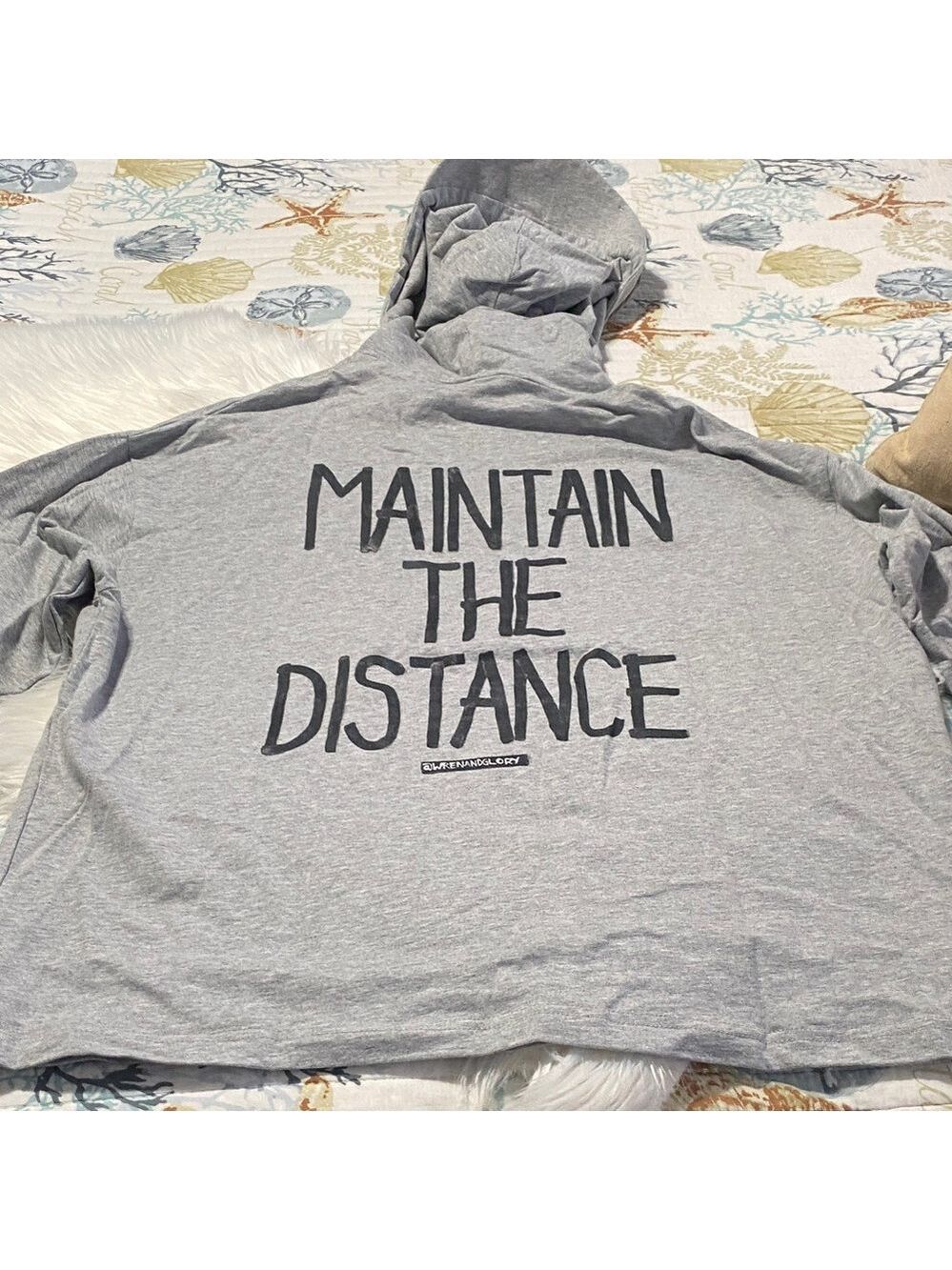 Wren and glory-Gray Hoodie with 'Maintain the Distance' Print